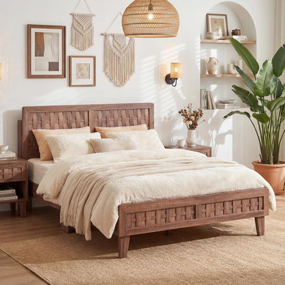 Goflame Wood Bed Frame with Woven Headboard (Full/Twin/Queen)