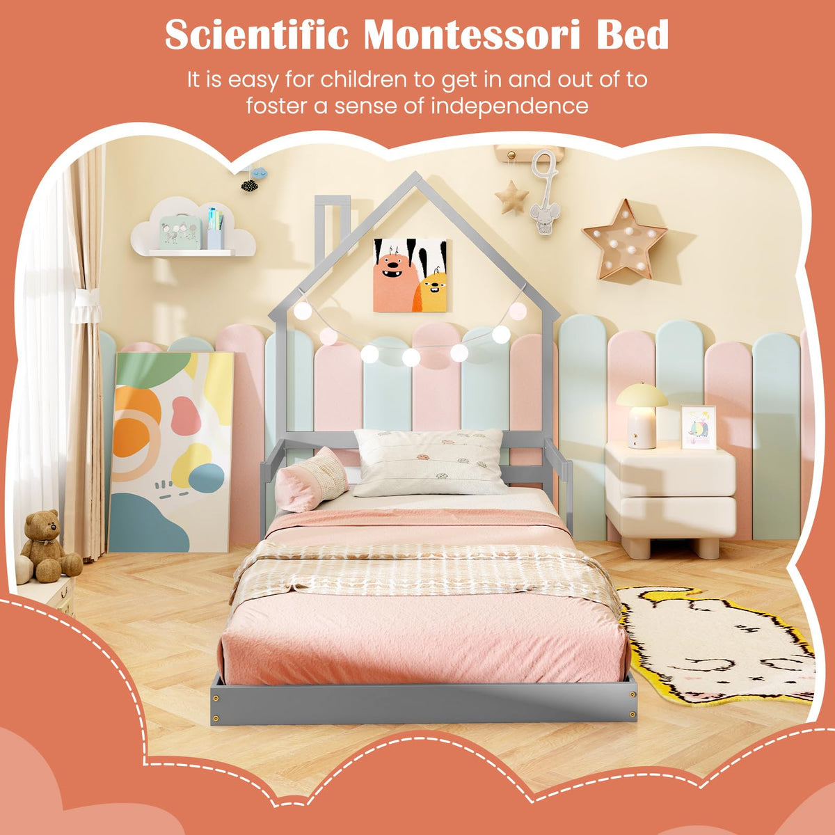 Goflame Twin Floor Bed for Kids, Wood Montessori Floor Bed with Chimney Headboard & Handrail
