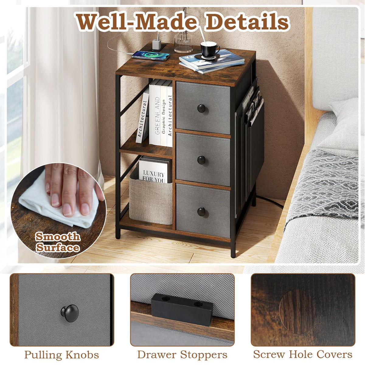 Goflame Industrial Nightstand with Charging Station - End Side Table w/3 Fabric Drawers