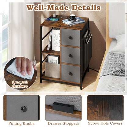 Goflame Industrial Nightstand with Charging Station - End Side Table w/3 Fabric Drawers