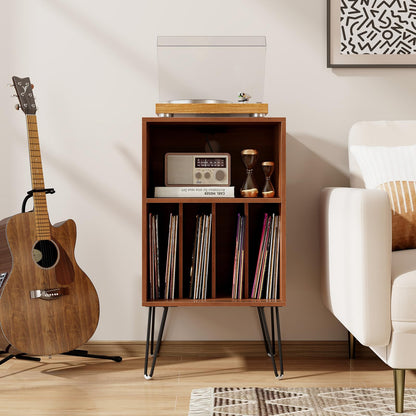 Goflame Record Player Stand with Charging Station Turntable Cabinet with Record Storage & Metal Legs