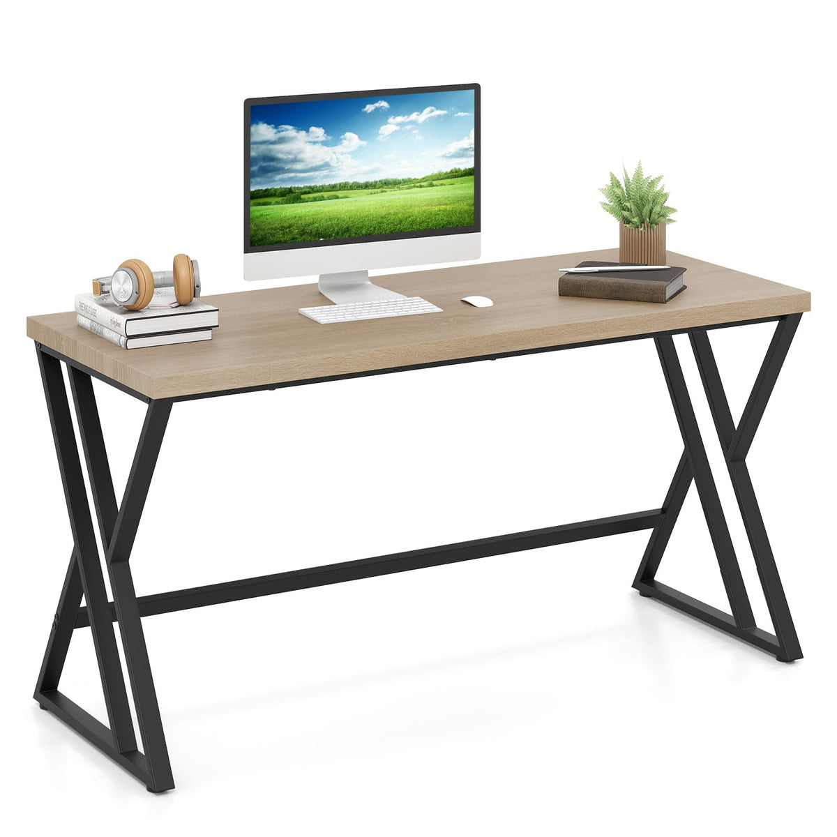 Goflame Large Computer Desk 59" Industrial Home Office Desk with Z-Shaped Metal Leg & Crossbar