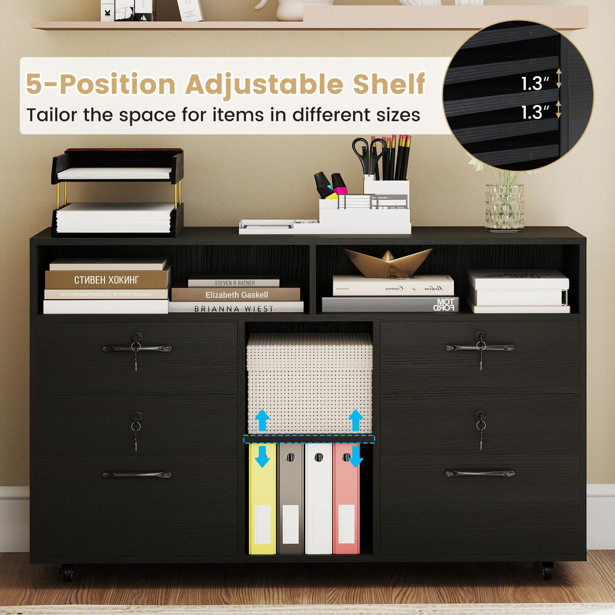 Goflame 4-Drawer Lateral File Cabinet with Lock & 5 Rolling Wheels (2 Lockable)