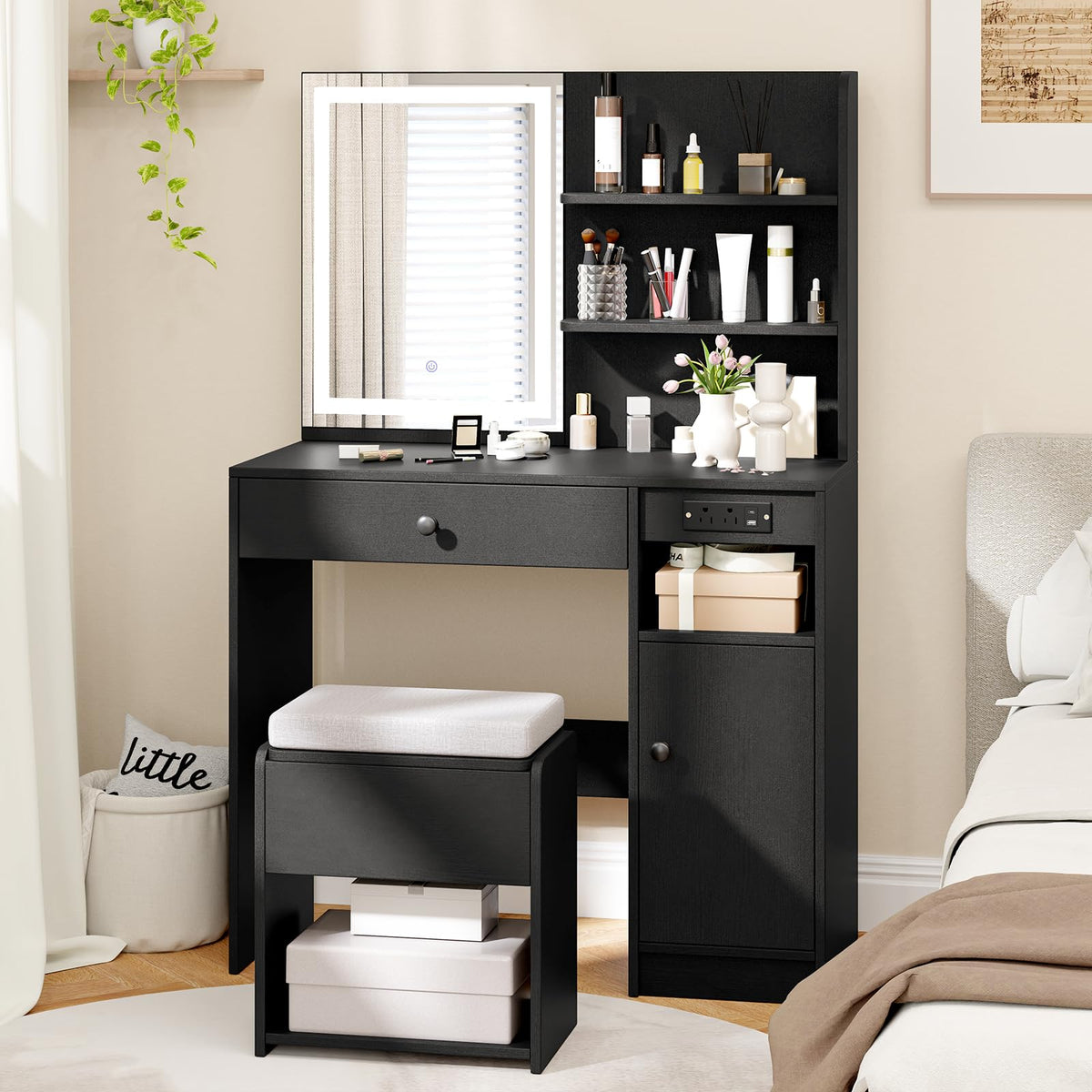 Makeup Vanity Set with Mirror and Lights, Vanity Desk with Charging Station