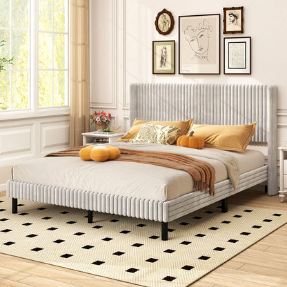 Goflame Queen Velvet Bed Frame Upholstered Platform Bed with Vertical Tufted Wingback Headboard