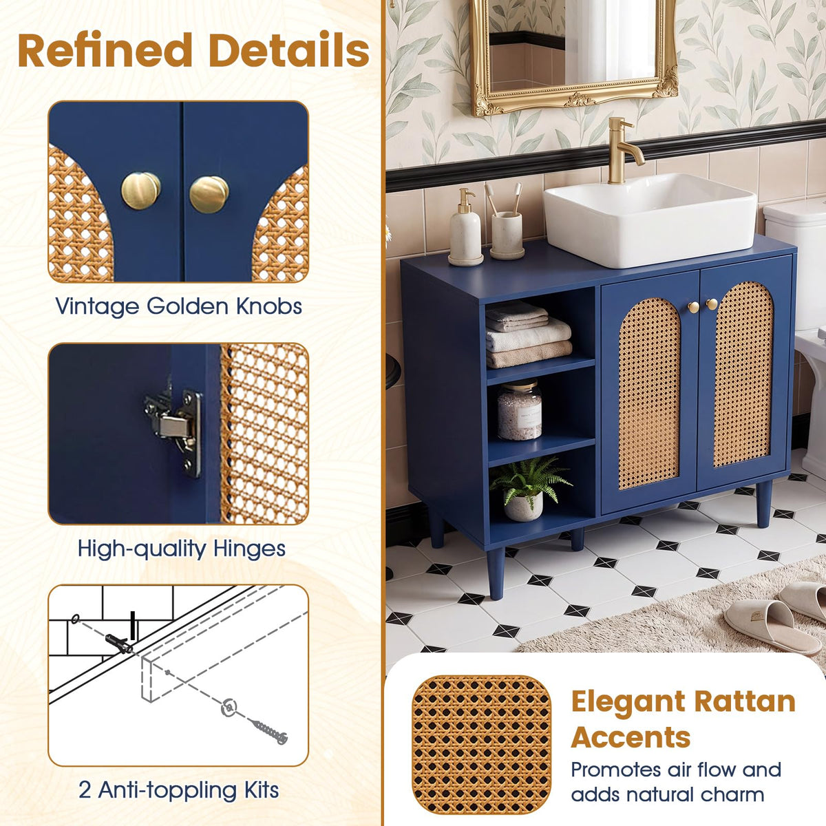 Goflame 36" Bathroom Under Sink Storage Cabinet with 2 Rattan Doors