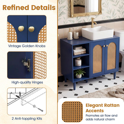 Goflame 36" Bathroom Under Sink Storage Cabinet with 2 Rattan Doors