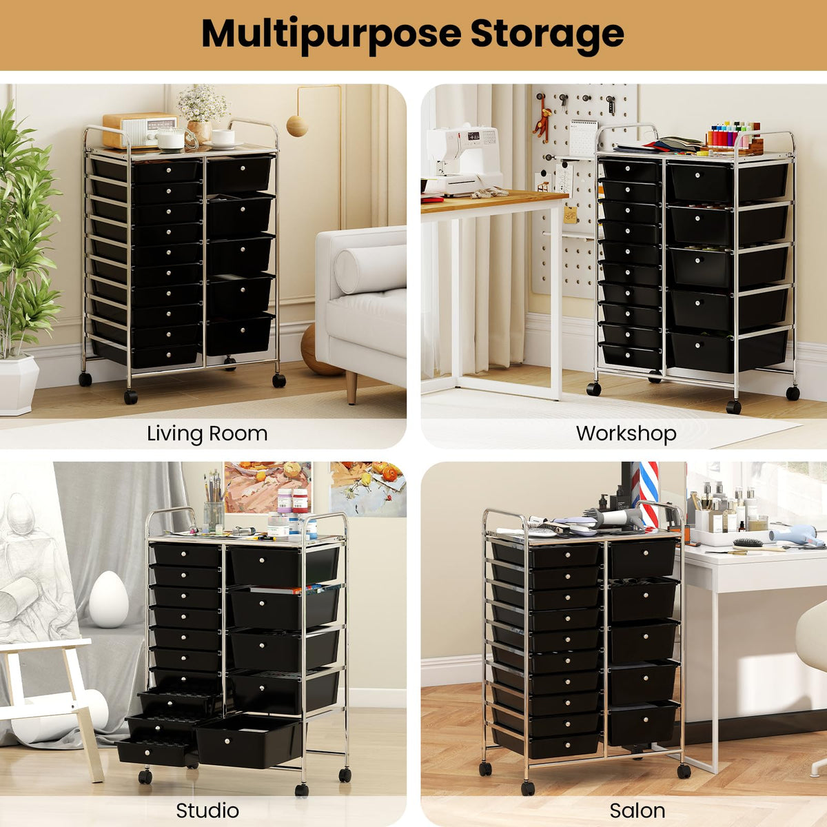 Goflame Rolling Storage Cart 15-Drawer Trolley with Chrome Plated Metal Frame