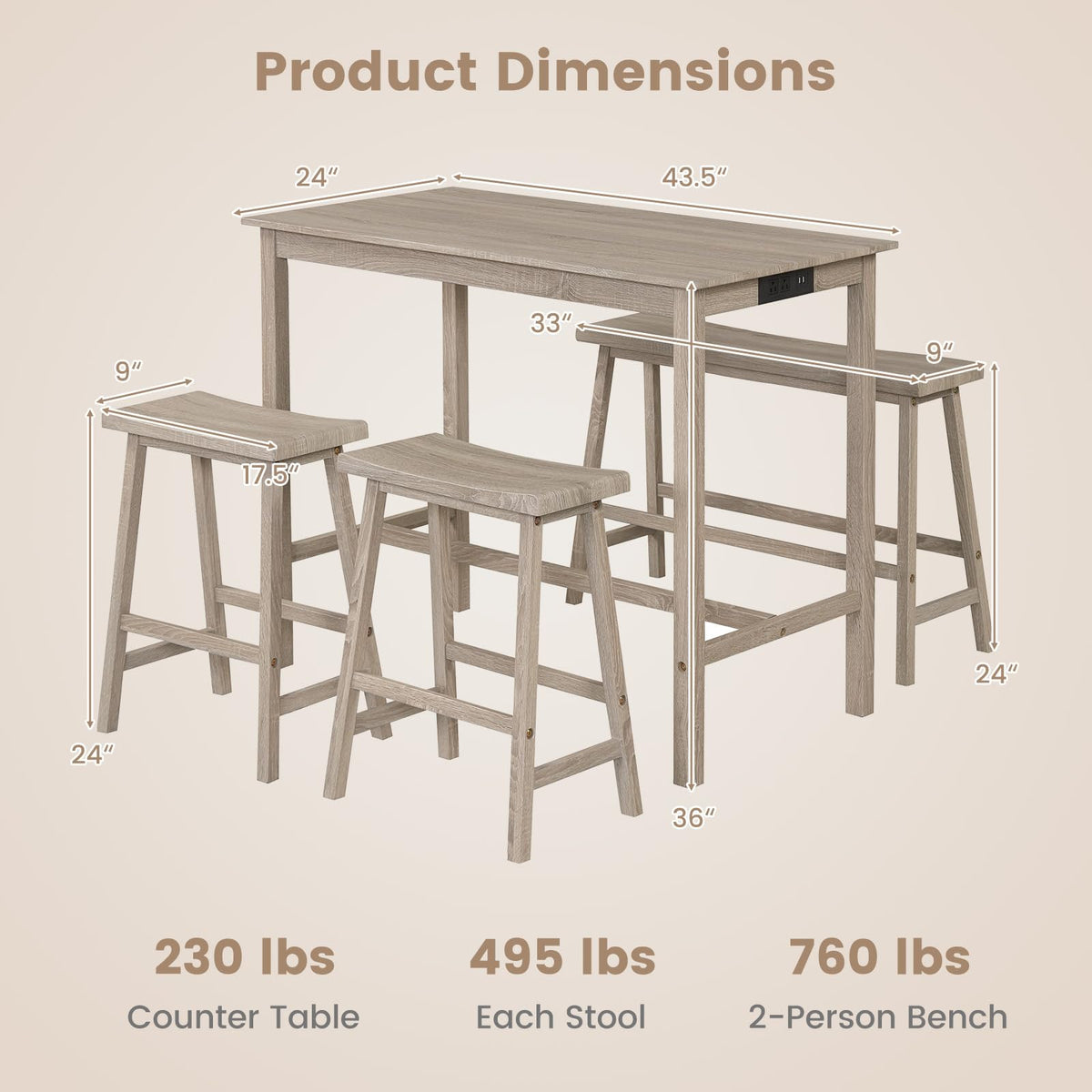Goflame 4-Piece Counter Height Dining Table Set with Power Outlet