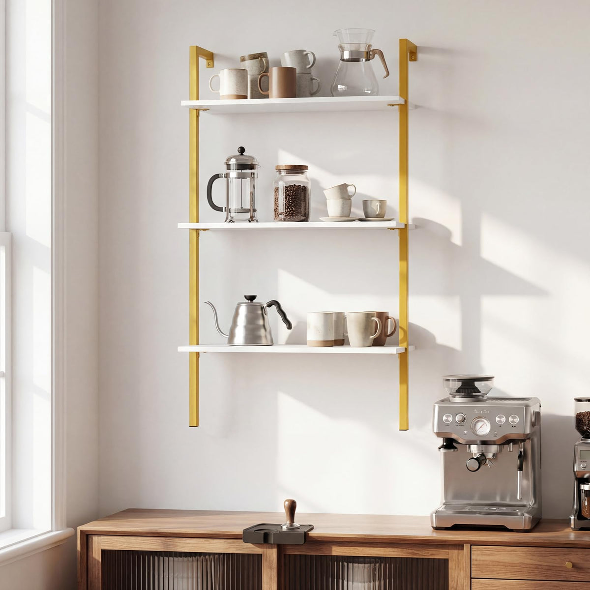 Goflame Ladder Shelf | 3-Tier Wood Wall Mounted Bookshelf with Metal Frame (1/2)