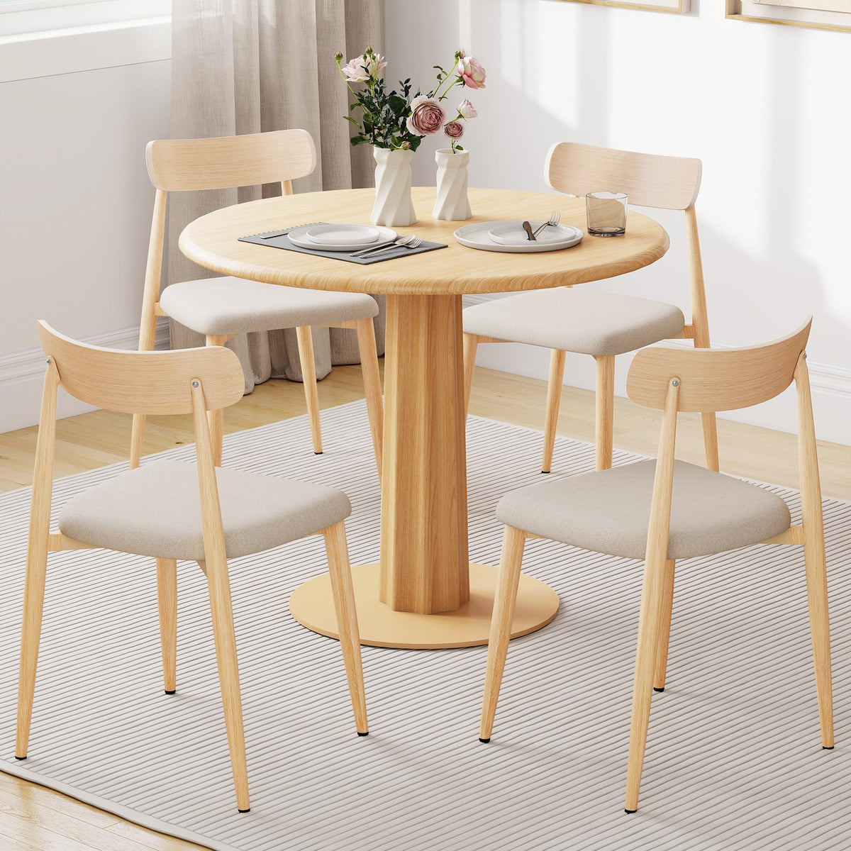 Goflame Linen Fabric Upholstered Modern Dining Chair Set of 2/4 with Padded Seat and Curved Back