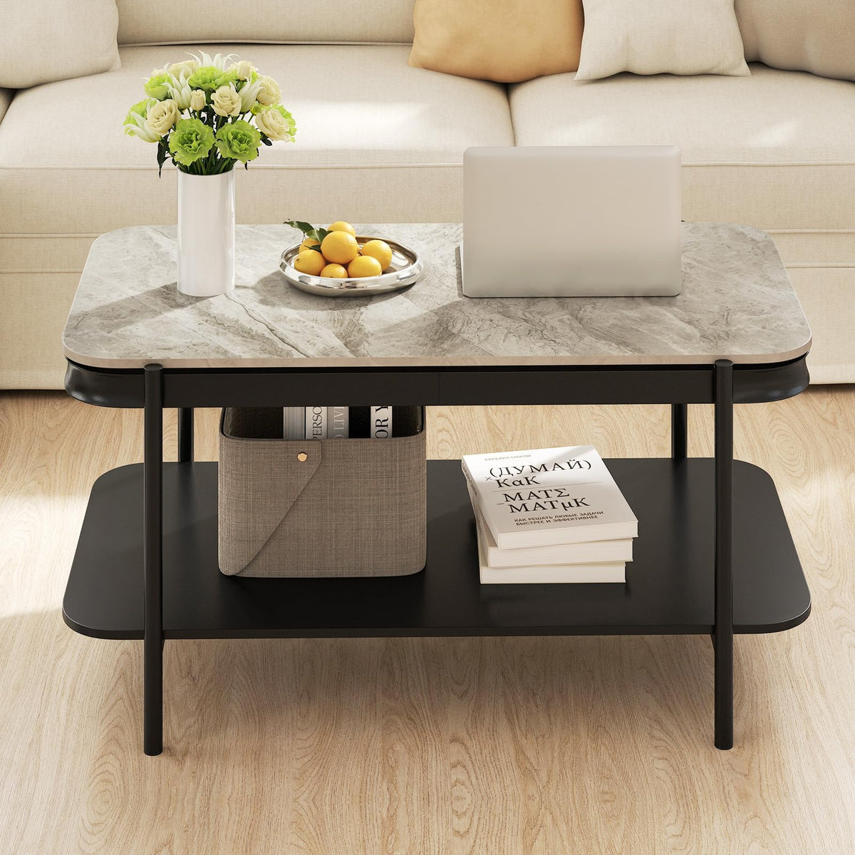 Goflame 2-Tier Coffee Table with Storage Faux Mable Center Table w/Sintered Stone Top