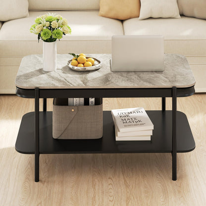 Goflame 2-Tier Coffee Table with Storage Faux Mable Center Table w/Sintered Stone Top