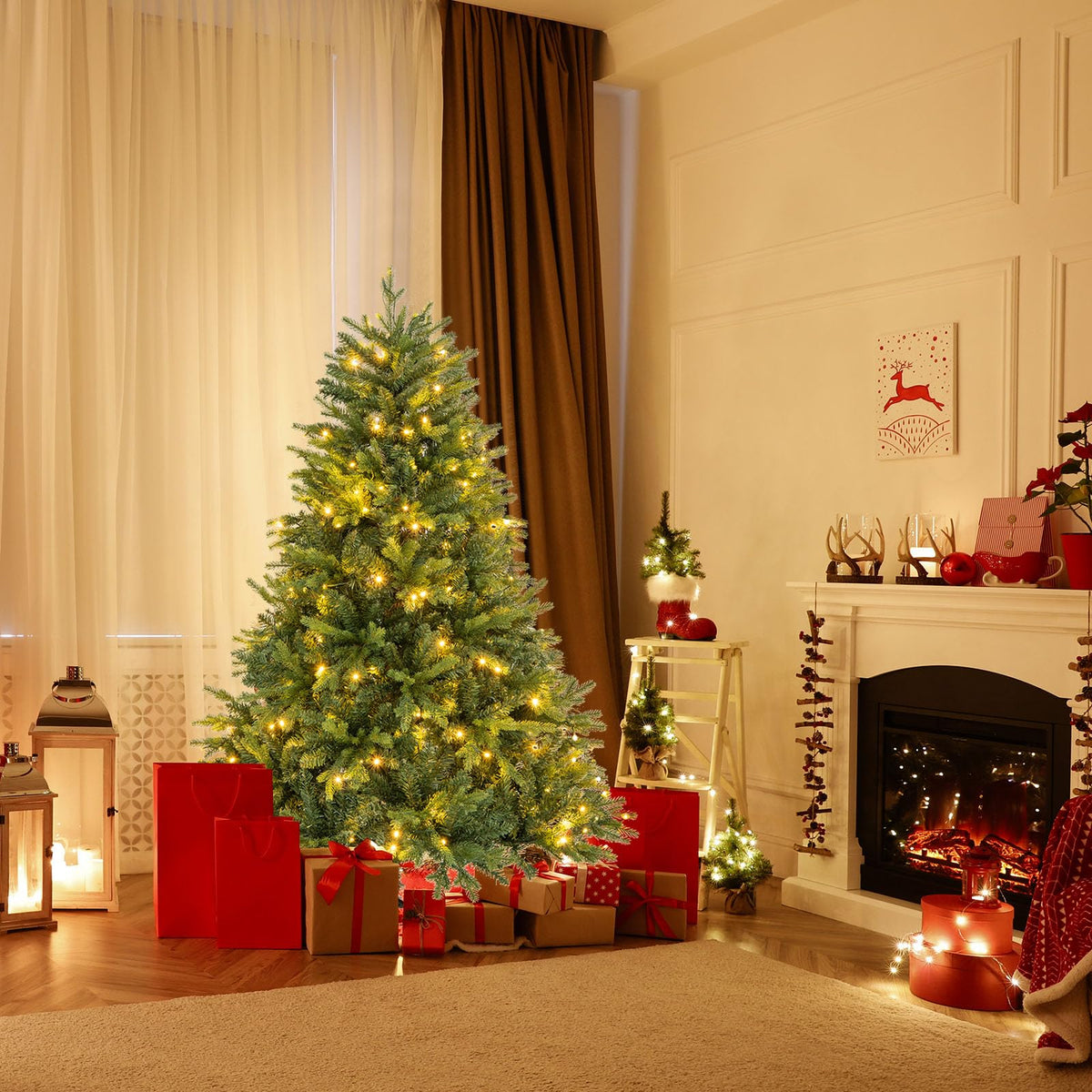 Goflame Pre-Lit Artificial Christmas Tree, Hinged Xmas Tree with Warm-White & Multi-Color LED Lights