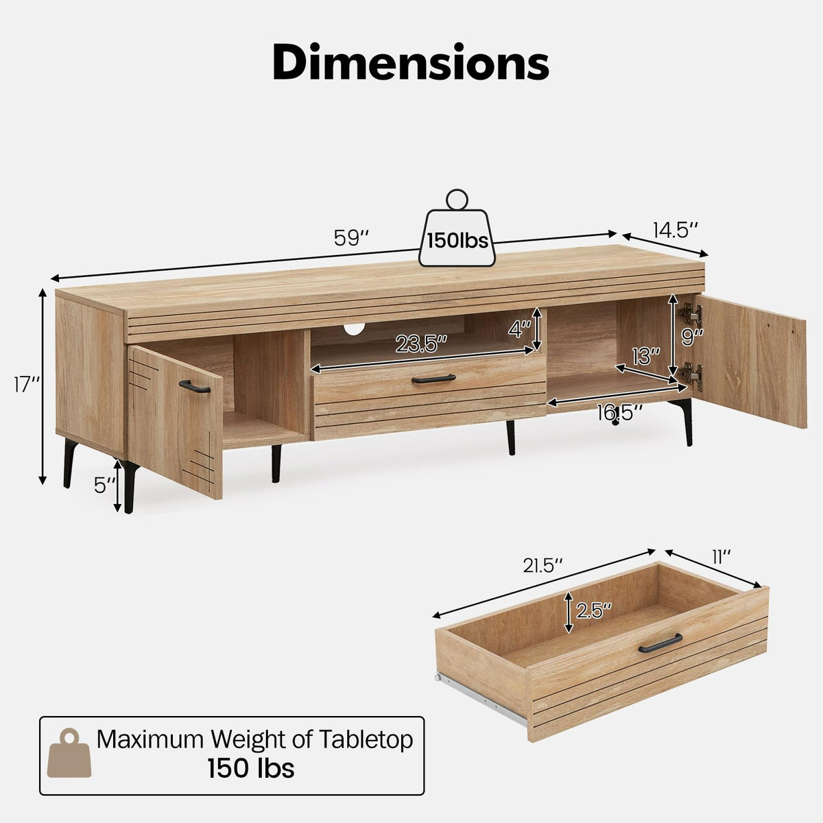 Goflame TV Stand for TV up to 65 Inches, Mid Century Modern Entertainment Center with 2 Cabinets