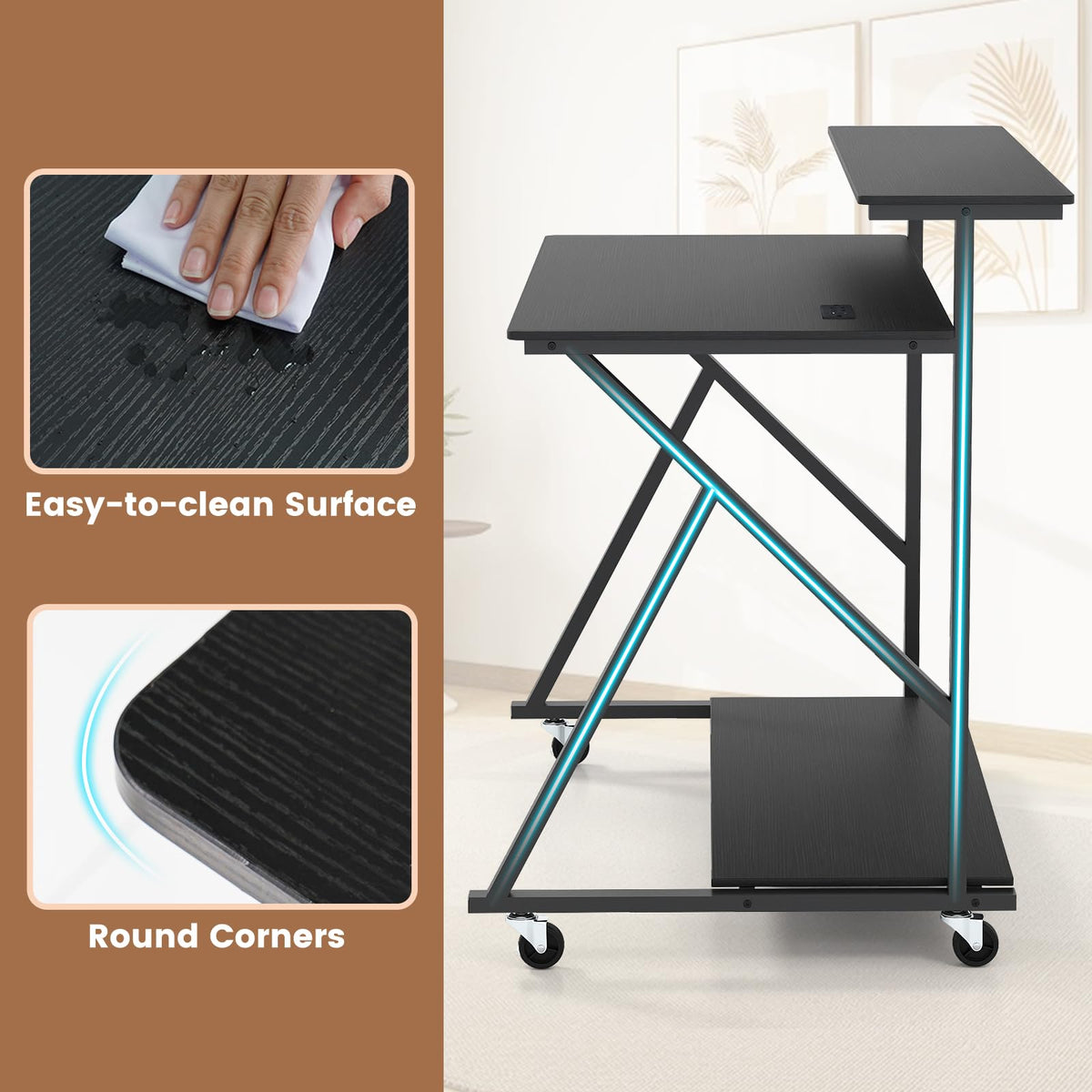 Goflame Rolling Computer Desk with Charging Station