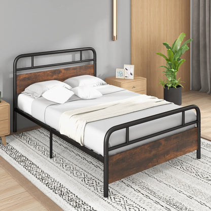 Goflame Full Size Metal Bed Frame with Wood Headboard and Footboard