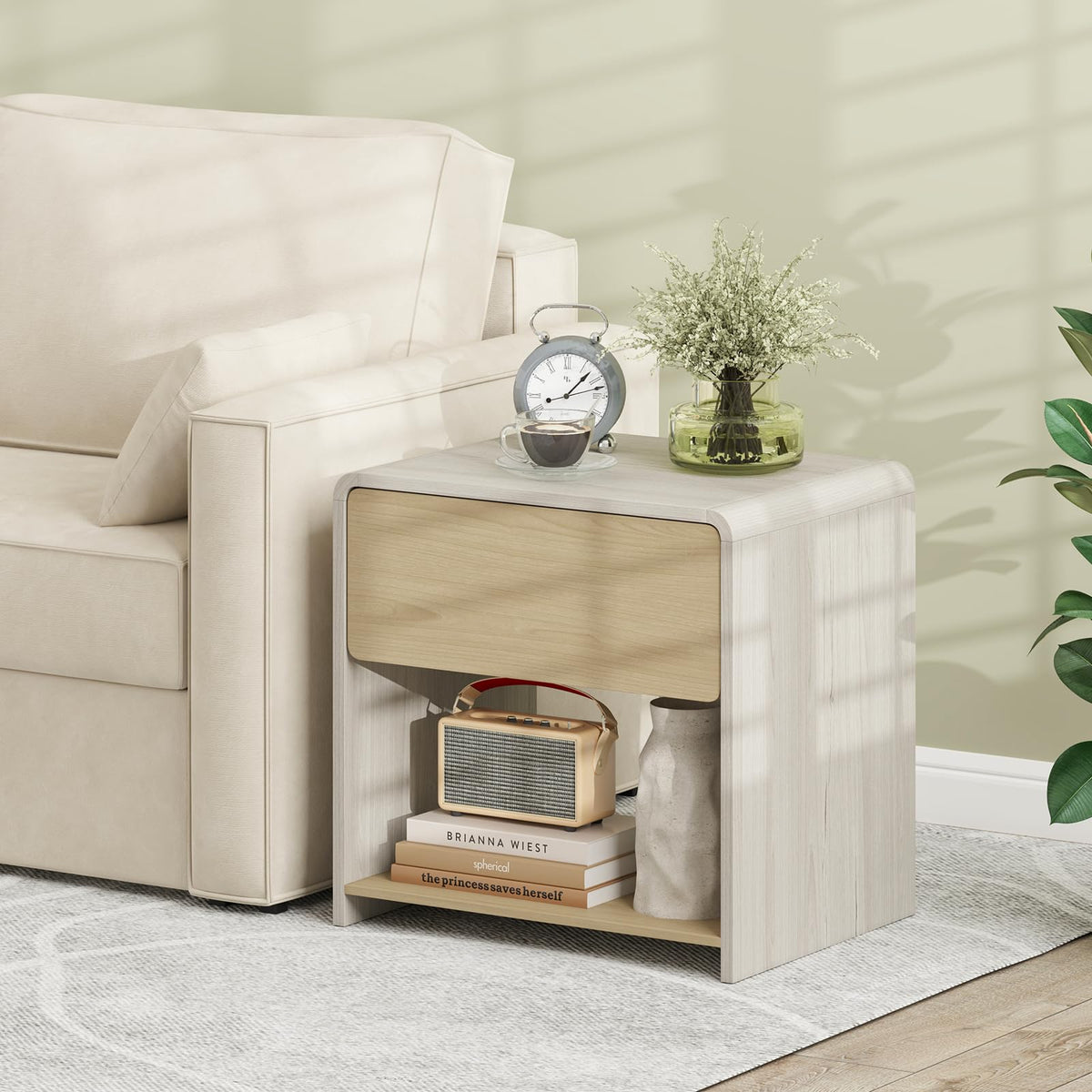 Goflame Modern Nightstand with Drawer Set of 1/2 Storage Open Shelf
