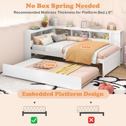 Goflame Twin Daybed with Trundle, Wood Twin Bed Frames with Storage Headboard, Reversible Bookcase