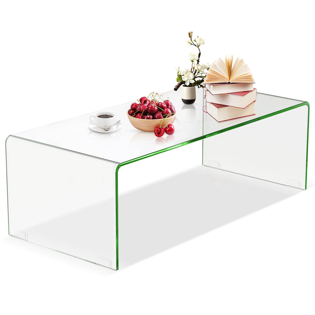 Goflame 42 x 19.7 Inch Clear Tempered Glass Coffee Table with Rounded Edges