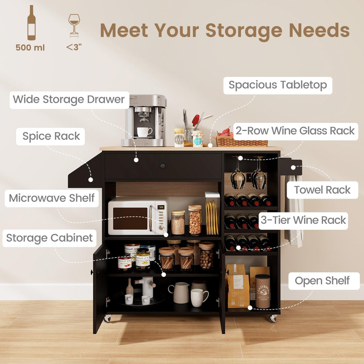 Goflame Rolling Kitchen Island Cart with Drop Leaf, Power Outlet, Spice Rack, 12 Wine Rack