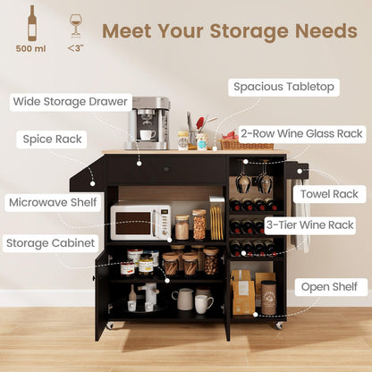Goflame Rolling Kitchen Island Cart with Drop Leaf, Power Outlet, Spice Rack, 12 Wine Rack