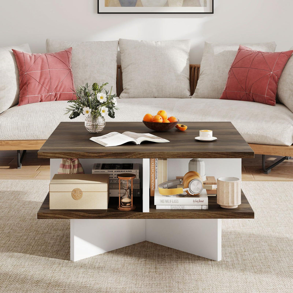 Goflame Square Coffee Table with Storage for Living Room