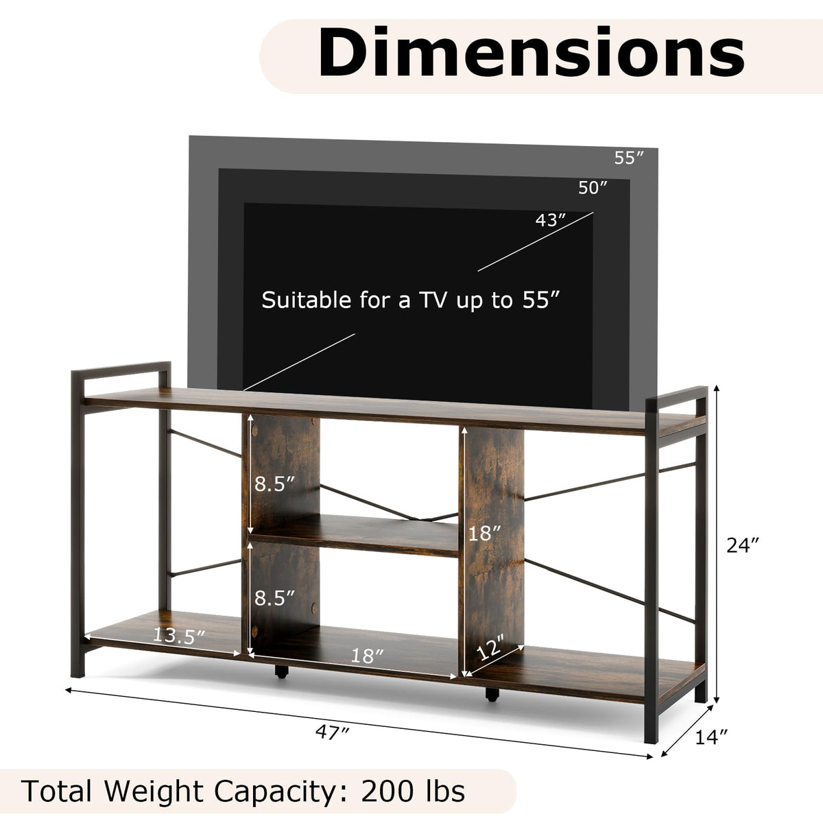 Goflame TV Stand for TVs up to 55", 3-Tier Entertainment Center with Open Storage Shelves, Side Guardrails & Metal Frame