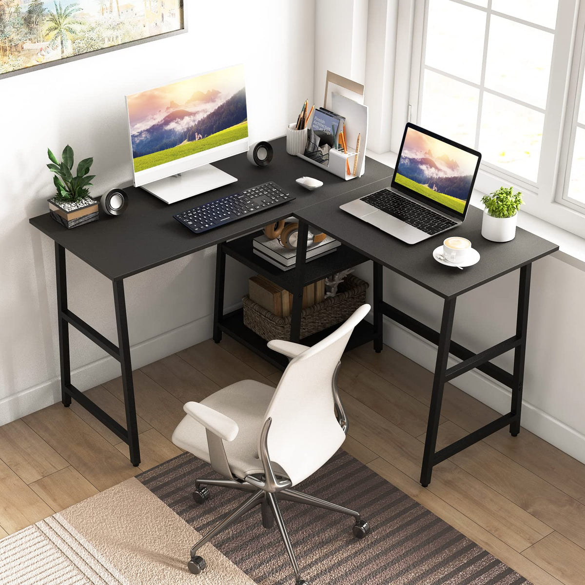 Goflame L Shaped Desk with Power Outlets & USB Ports, 48" Corner Gaming Desk with 2 Tier Storage Shelves