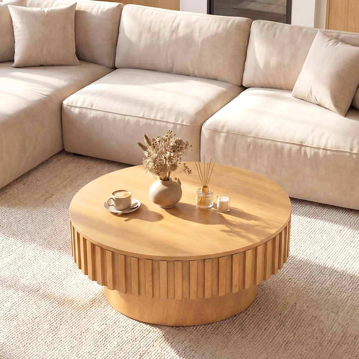 Goflame Round Coffee Table with Storage | Modern Drum Fluted Center Table with Solid Wood Veneered