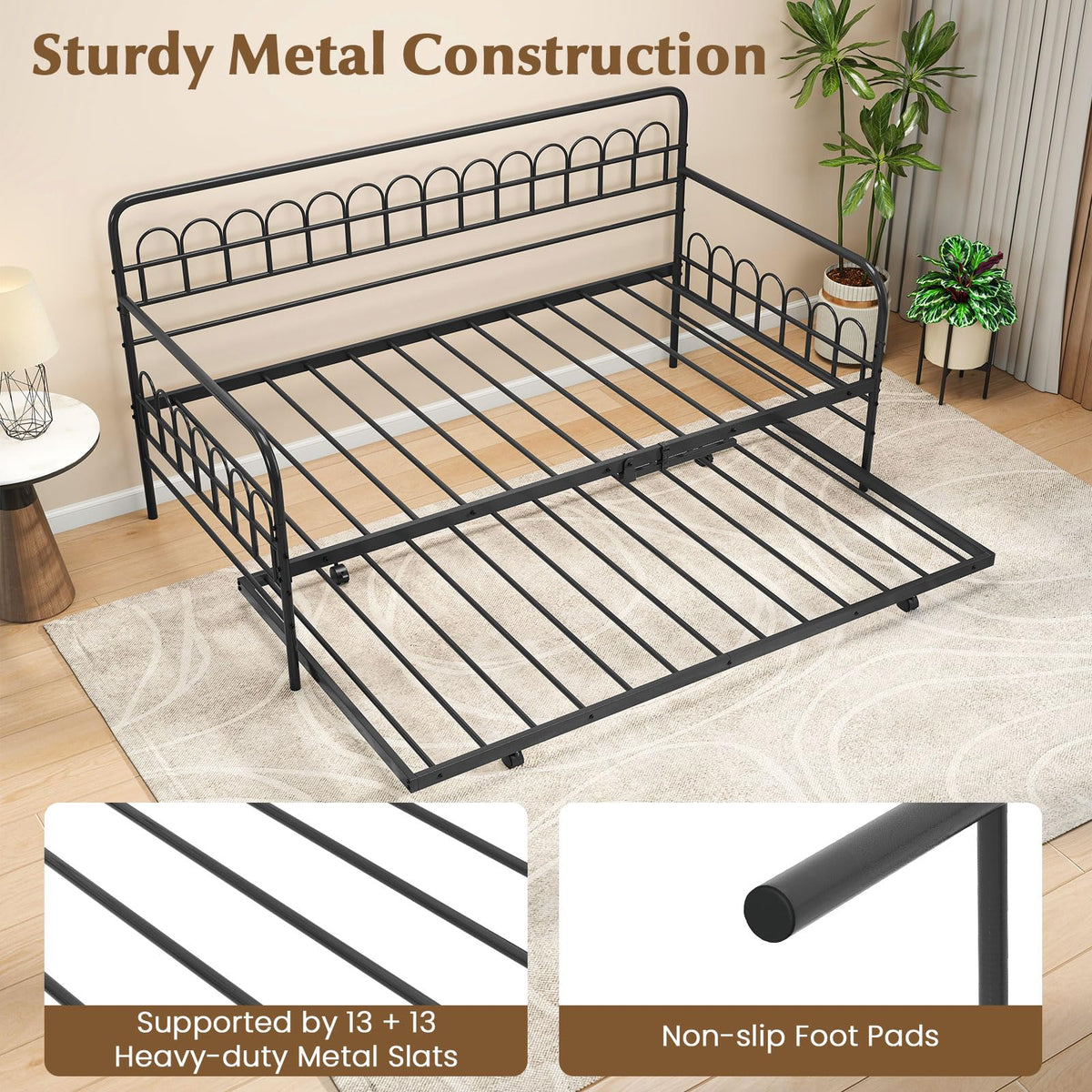 Goflame Twin Daybed with Trundle with Heavy-Duty Metal Slats