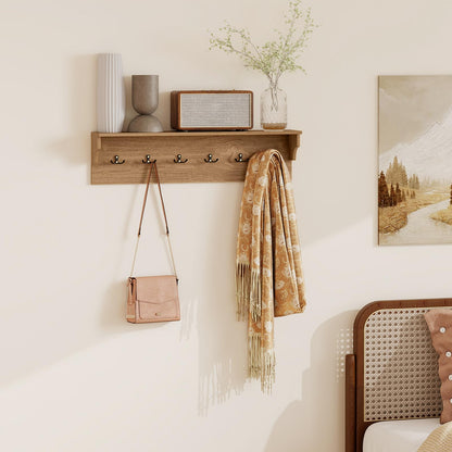 Goflame Wall-Mounted Storage Shelf | 31.5" Wooden Hanging Coat Rack with 6 Hooks