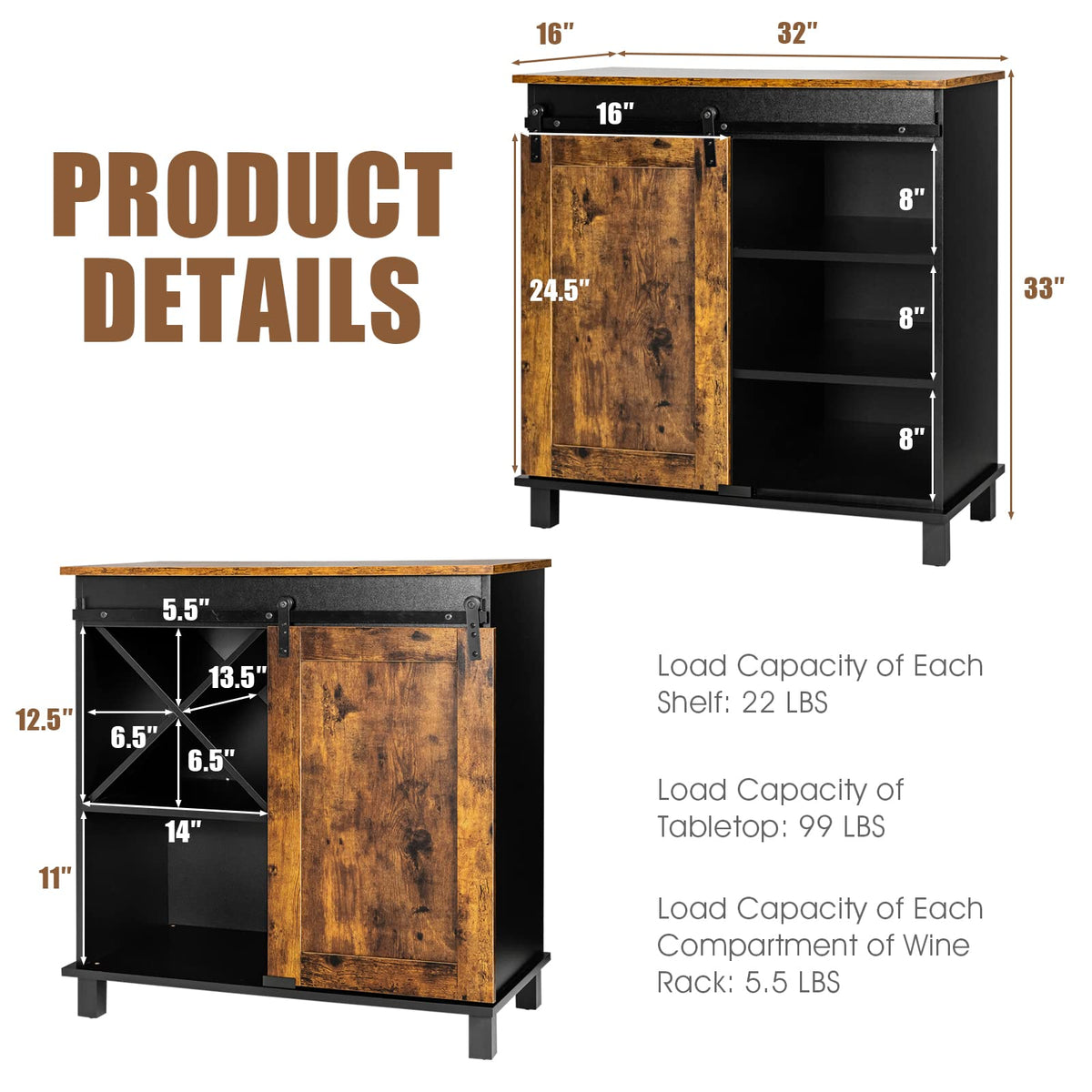 Goflame Sideboard, Coffee Bar Station with Sliding Barn Door(Industrial)