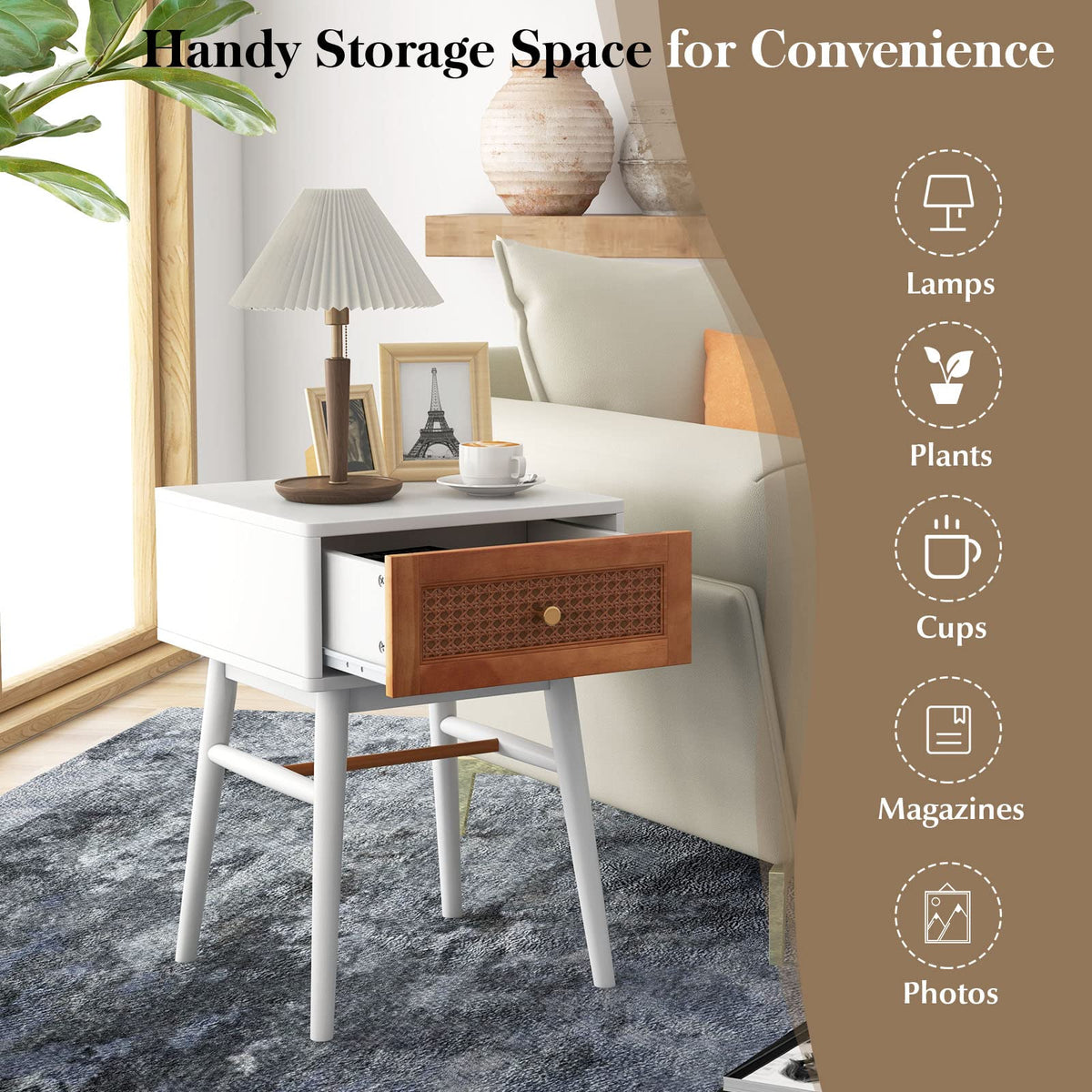 Goflame Rattan Nightstand, Boho End Side Table with Rattan Decorated Storage Drawer & Solid Wood Legs