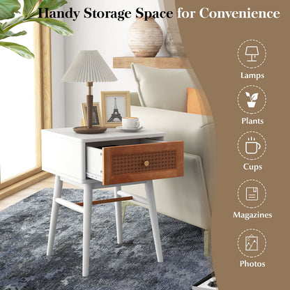 Goflame Rattan Nightstand, Boho End Side Table with Rattan Decorated Storage Drawer & Solid Wood Legs