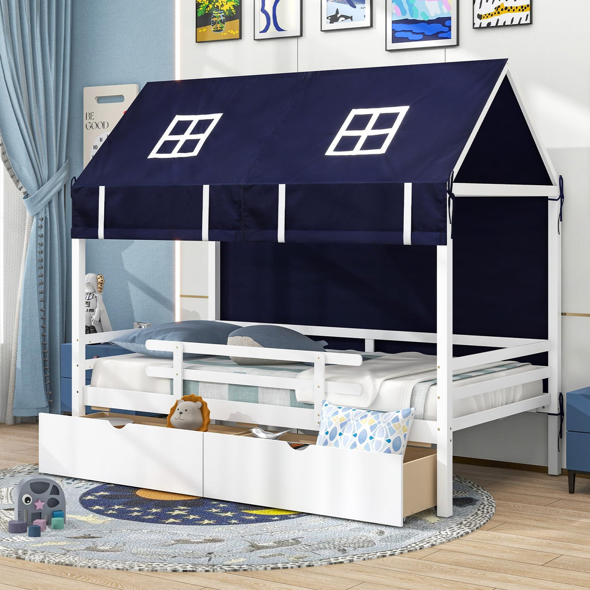 Goflame Twin House Bed with Tent, Wood Kids Bed with 2 Storage Drawers, Solid Wood Daybed Frame with Rails and Roof