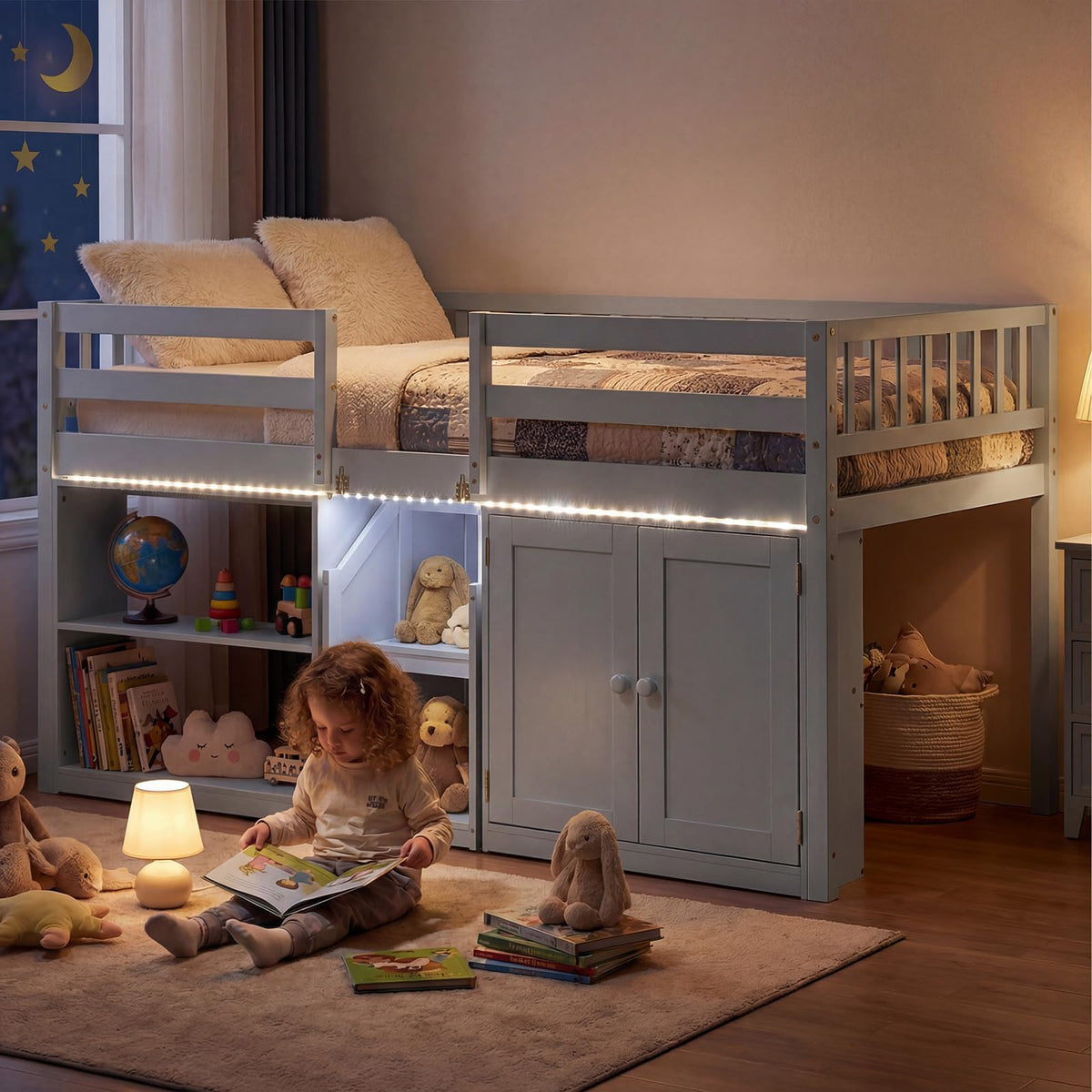 Goflame Low Loft Bed Twin Size with LED Lights, Wooden Bed Frame