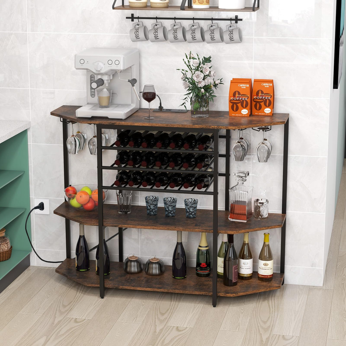 Goflame Wine Bar Cabinet with Power Outlet, Mini Coffee Bar Stand Table with 21 Bottle Wine Rack & Glass Holders