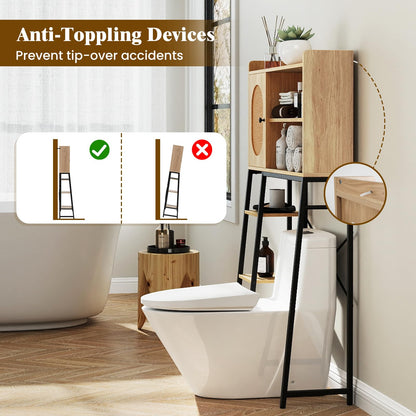 Goflame Over The Toilet Storage Cabinet, Freestanding Storage Organizer Above Toilet with PE Rattan Door and Adjustable Shelf