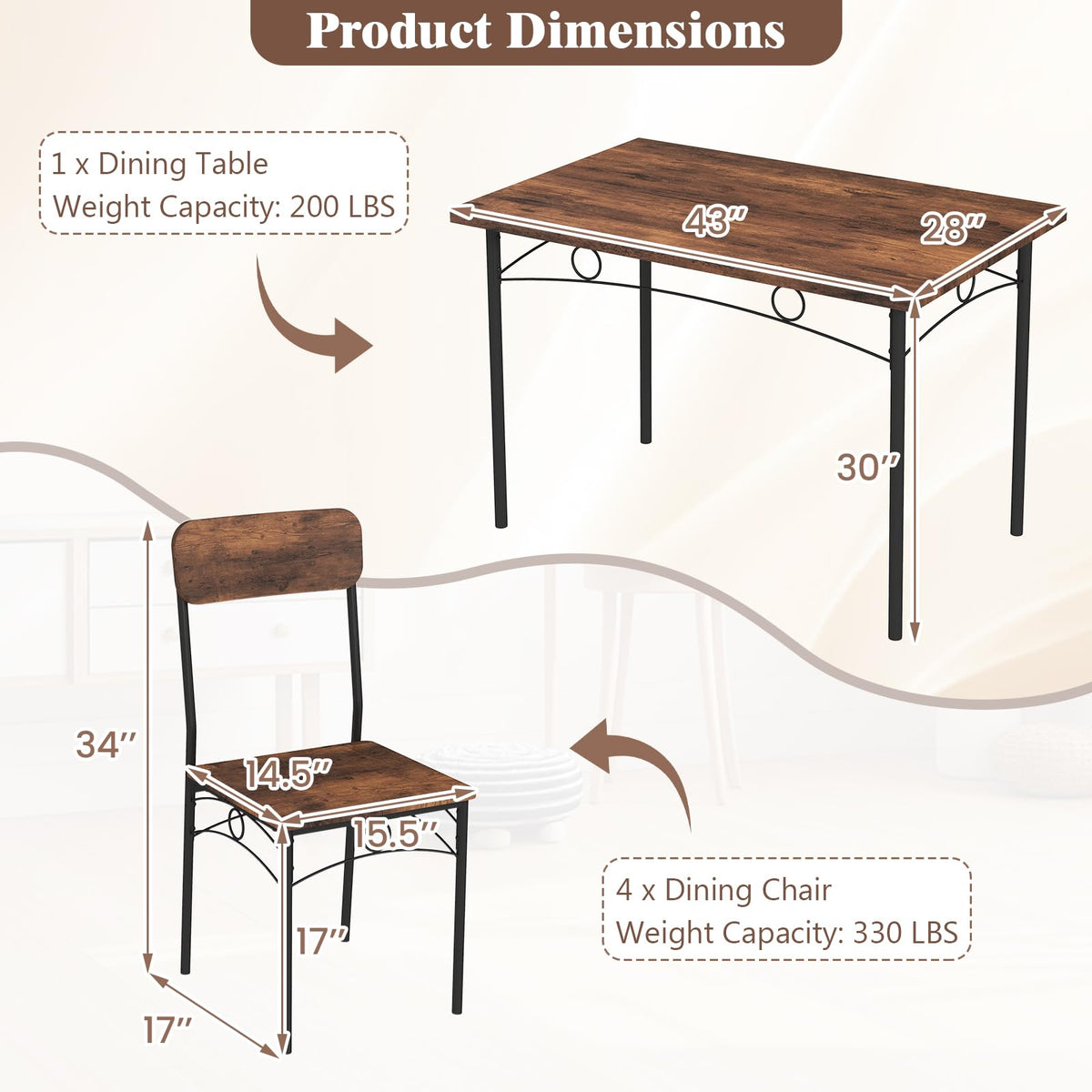 Goflame Rectangle Kitchen Table and 4 Farmhouse Dining Chairs with Heavy-Duty Metal Frame