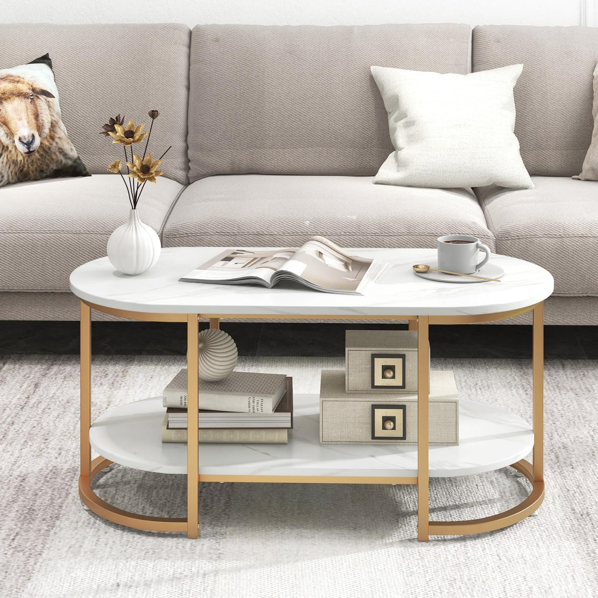Goflame White Marble Coffee Table - Modern 2-Tier Center Table w/Open Storage Shelf