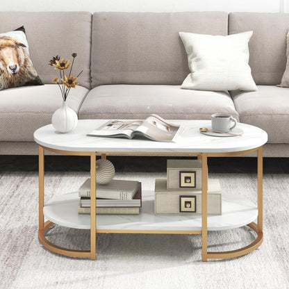 Goflame White Marble Coffee Table - Modern 2-Tier Center Table w/Open Storage Shelf