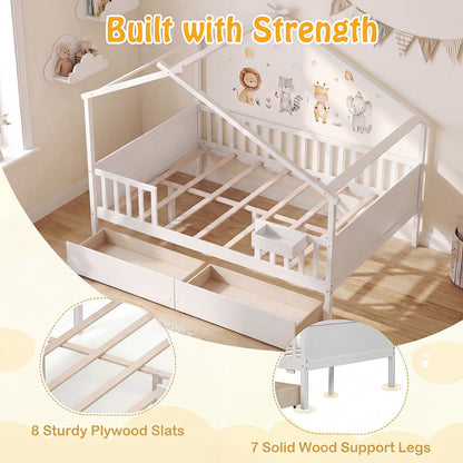 Goflame Full Size House Bed with Roof and Fence Rails for Kid