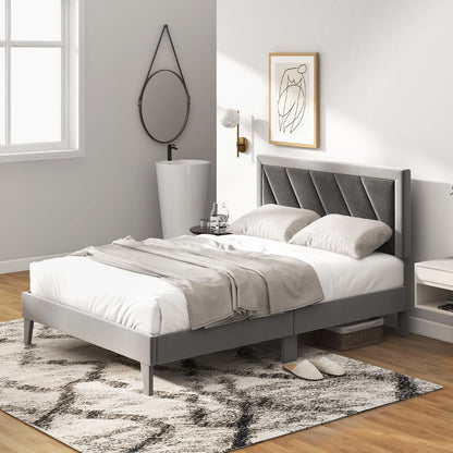 Goflame Full Size Velvet Bed Frame with Headboard, Modern Upholstered Platform Bed, No Box Spring Needed, Black & Gray