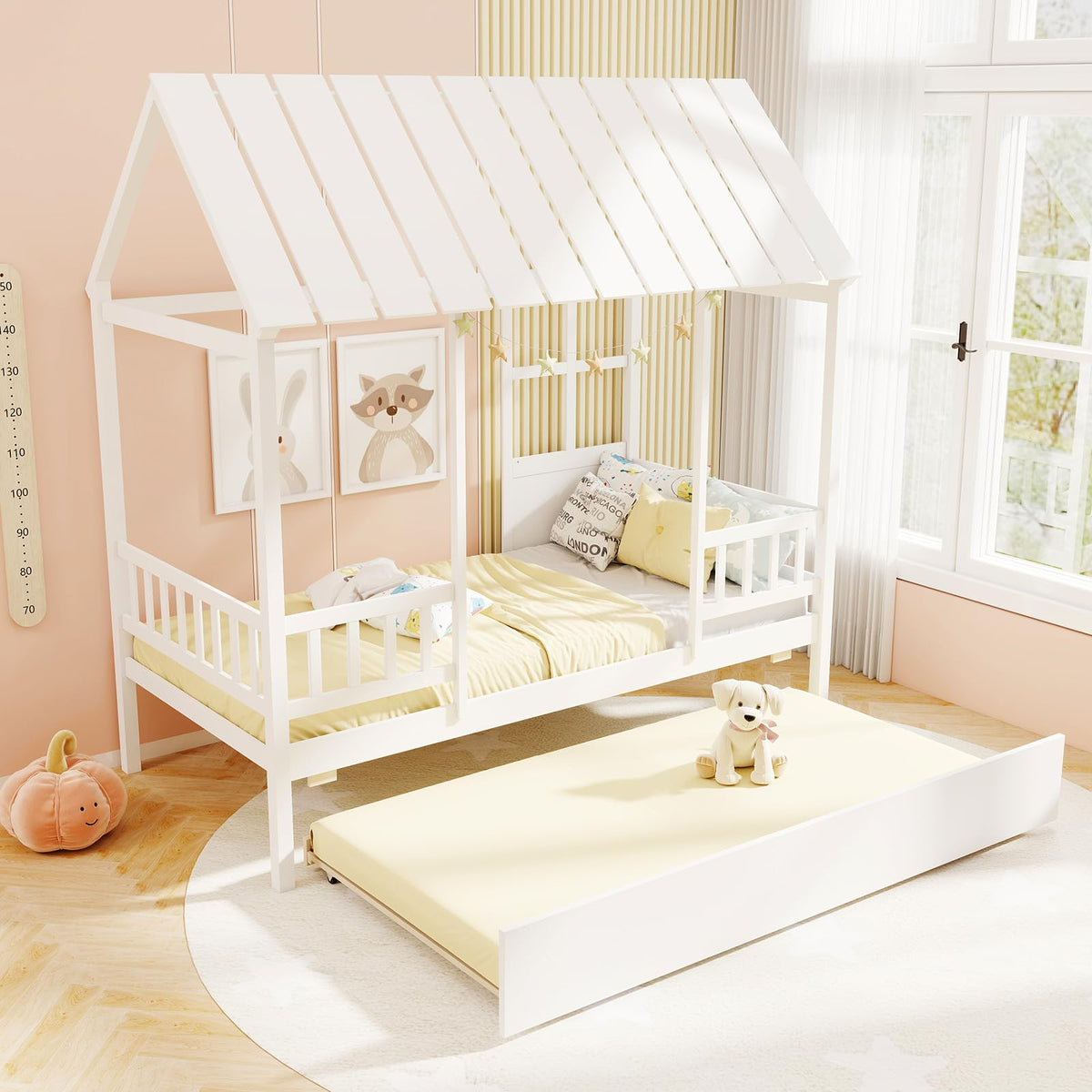 Goflame Twin House Bed with Trundle Bed Twin