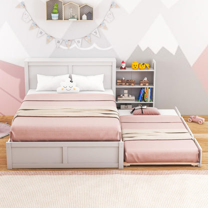 Goflame Full Bed Frame with Twin Trundle, Wooden Bed Wooden Bed Frame with 2 Rolling Bookcases & High Headboard