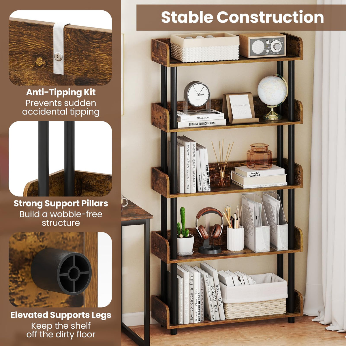 Goflame 5-Tier Bookshelf with Anti-Tipping Kit & Open Storage Organizer for Living Room Bedroom