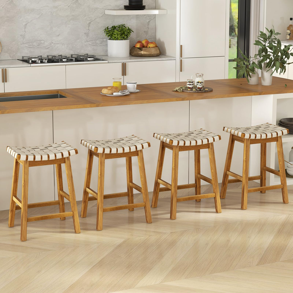 Goflame 25.5/31" Woven Bar Stools Set of 2/4, Faux PU Leather Counter Height Saddle Stools with Woven Curved Seat