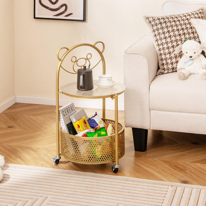 Goflame Mobile Glass Coffee Table, 2-Tier Round End Table with Bear Pattern, Storage Basket, Metal Frame