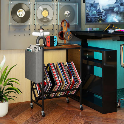 Goflame Rolling Record Player Stand 2-Tier with Vinyl Storage and Magazine Holder Bag